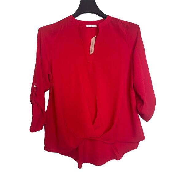 Notations Womens Split Neck Blouse Roll Tab Sleeve Hi-Low Hem Size XL Red - Picture 1 of 7